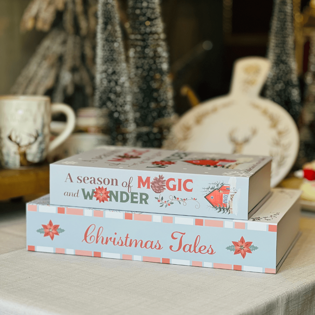 Conjunto 2 Caixas Livro Natalinas Christmas Tales Azul Claro - 31,6x22x6cm / 25x18,5x5cm