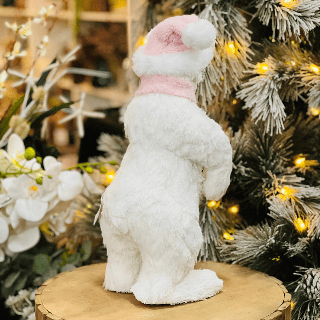 Urso de Natal Branco e Rosa Em Pé de Sisal 48cm