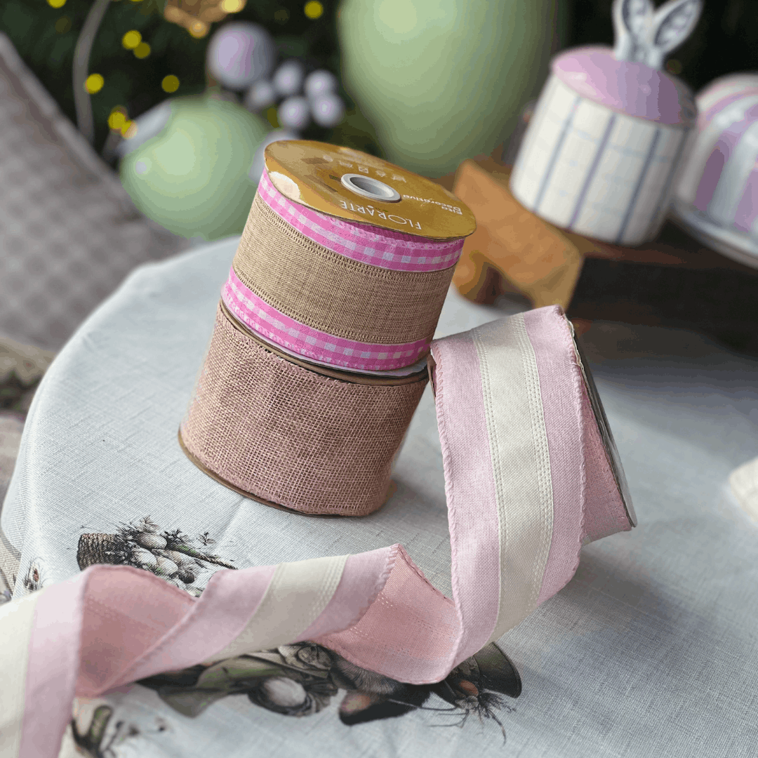 Fita Decorativa Aramada Com Costura Xadrez Rosa e Bege 6,3cm x 9,14m