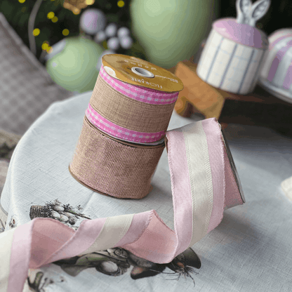 Fita Decorativa Aramada Com Costura Xadrez Rosa e Bege 6,3cm x 9,14m