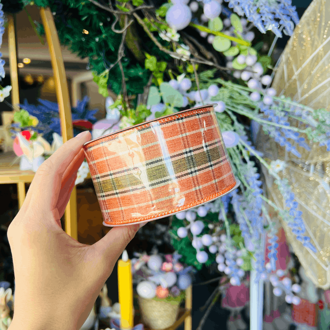 Fita Aramada Decorativa Xadrez Laranja 6,3cm x 9,14m