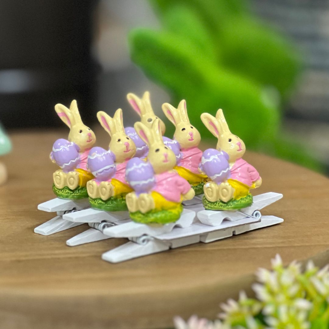 Jogo com 6 Prendedores de Coelho Com Ovo - 3,4cm Rosa