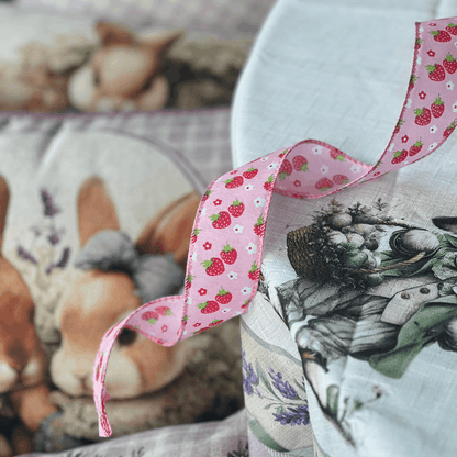 Fita Decorativa Aramada Morangos Rosa e Vermelho 3,8cm x 9,14m