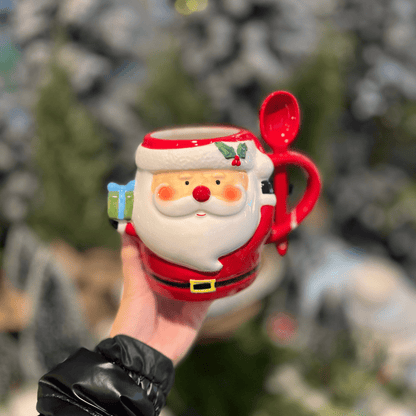 Caneca de Cerâmica Com Colher Papai Noel 300ml 15cm