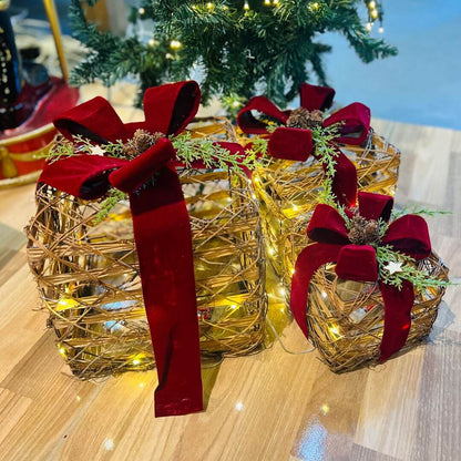 Conjunto Presentes Natalinos Decorativos com LED – 3 Peças - 25cm