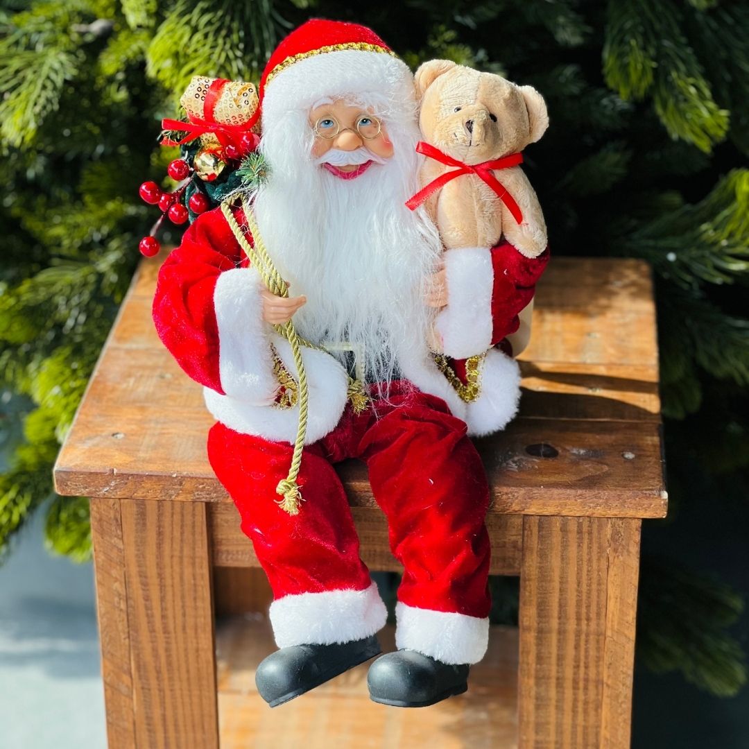 Papai Noel Sentado com Urso | 40cm