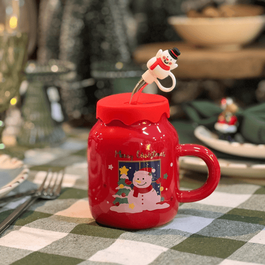 Caneca Natalina Boneco de Neve Vermelha Com Tampa e Canudo 420ml 18cm