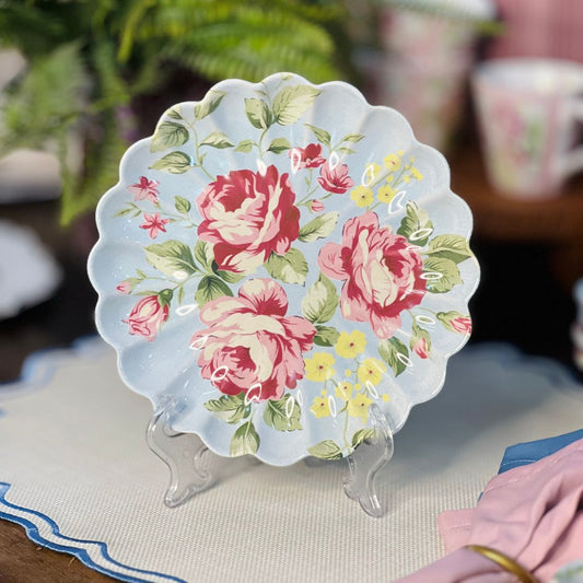 Prato Sobremesa Relevado Azul Com Rosas Vó Dulce - 20cm