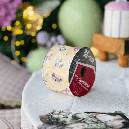 Fita Decorativa Aramada Borboletas Amarela 6,3cm x 9,14m