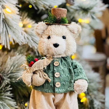 Urso de Natal Em Pe de Sisal Verde e Bege 38x16cm