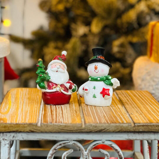 Enfeite Papai Noel e Boneco de Neve em Resina – Jogo com 2 Peças