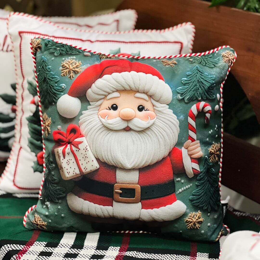 Capa Natalina Estampada Noel Com Cordao 43x43cm