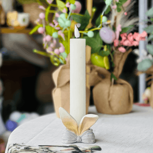 Porta Vela Orelhas de Coelho Lilas e Verde de Resina 8cm