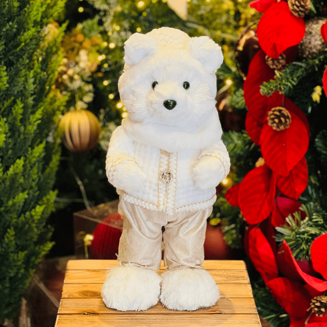 Urso Natalino  Em Pé Branco e Dourado de Sisal 47x23cm