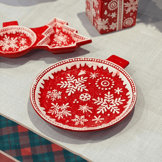 Travessa Flocos de Neve Vermelho de Cerâmica 21x24cm
