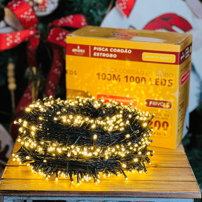 Pisca-pisca Led Estrobo Fio Verde 1000 Leds Branco Quente 100m