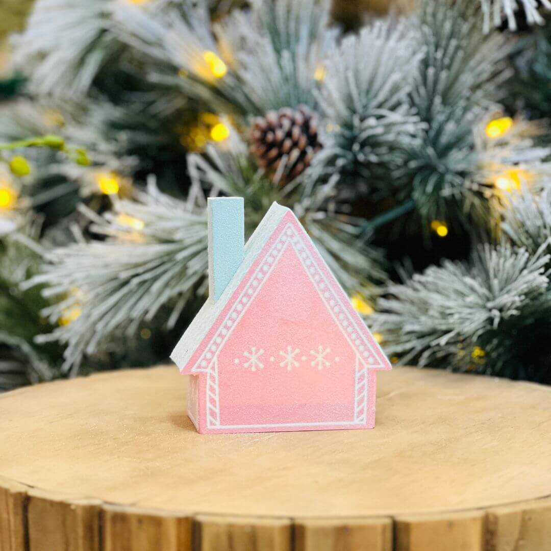 Casinha Decorativa Natalina Rosa e Azul Com Led 13x5x12cm