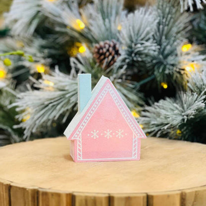 Casinha Decorativa Natalina Rosa e Azul Com Led 13x5x12cm