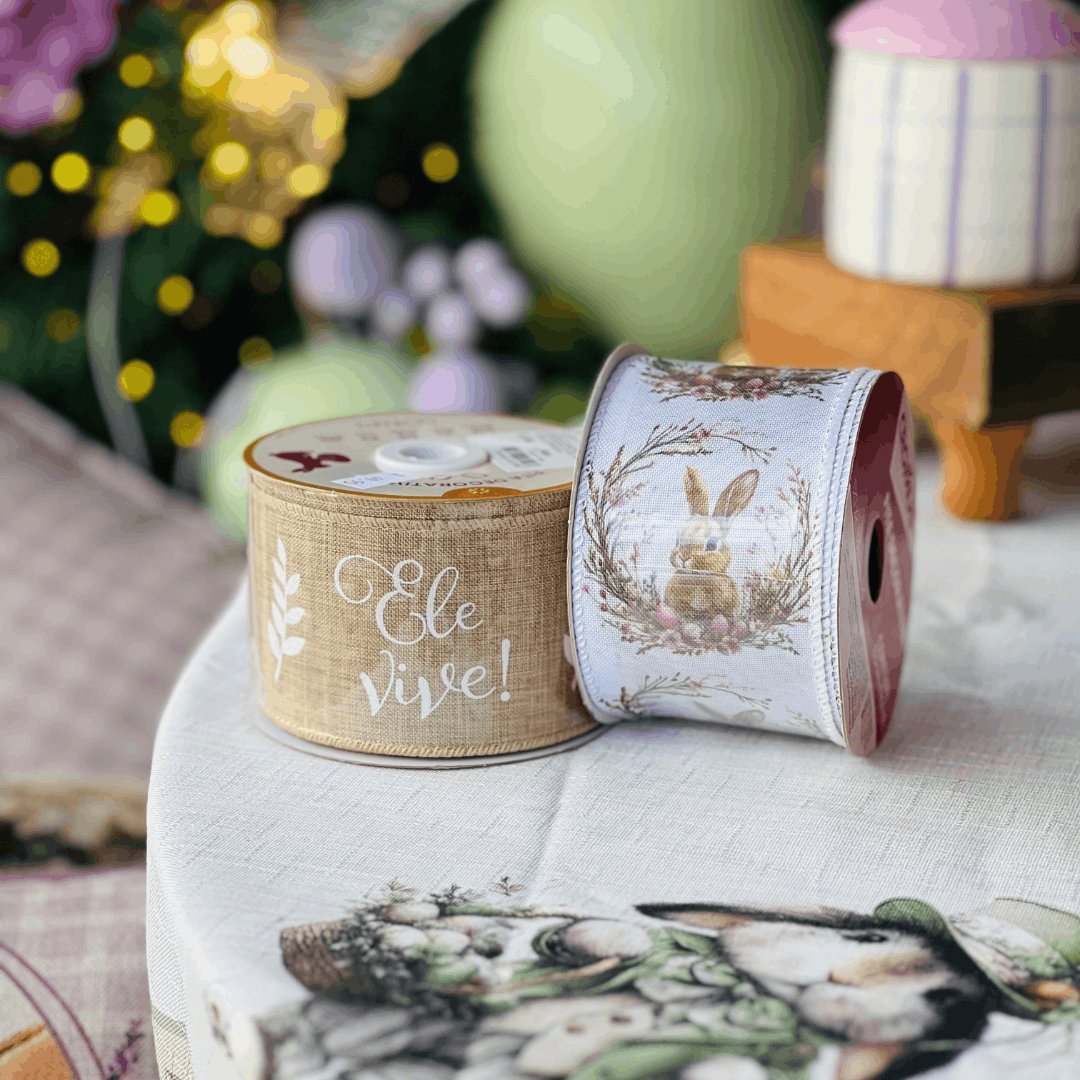 Fita de Páscoa Aramada Coelho Branca 6,3cm x 9,14m