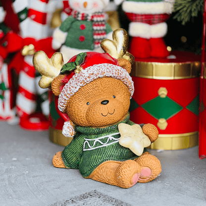 Urso Touca de Rena Natalino de Cerâmica Com Led 35cm