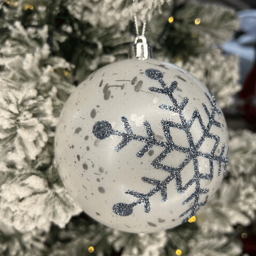 Caixa com 3 Bolas de Natal Decorada Prata Com Azul 10cm
