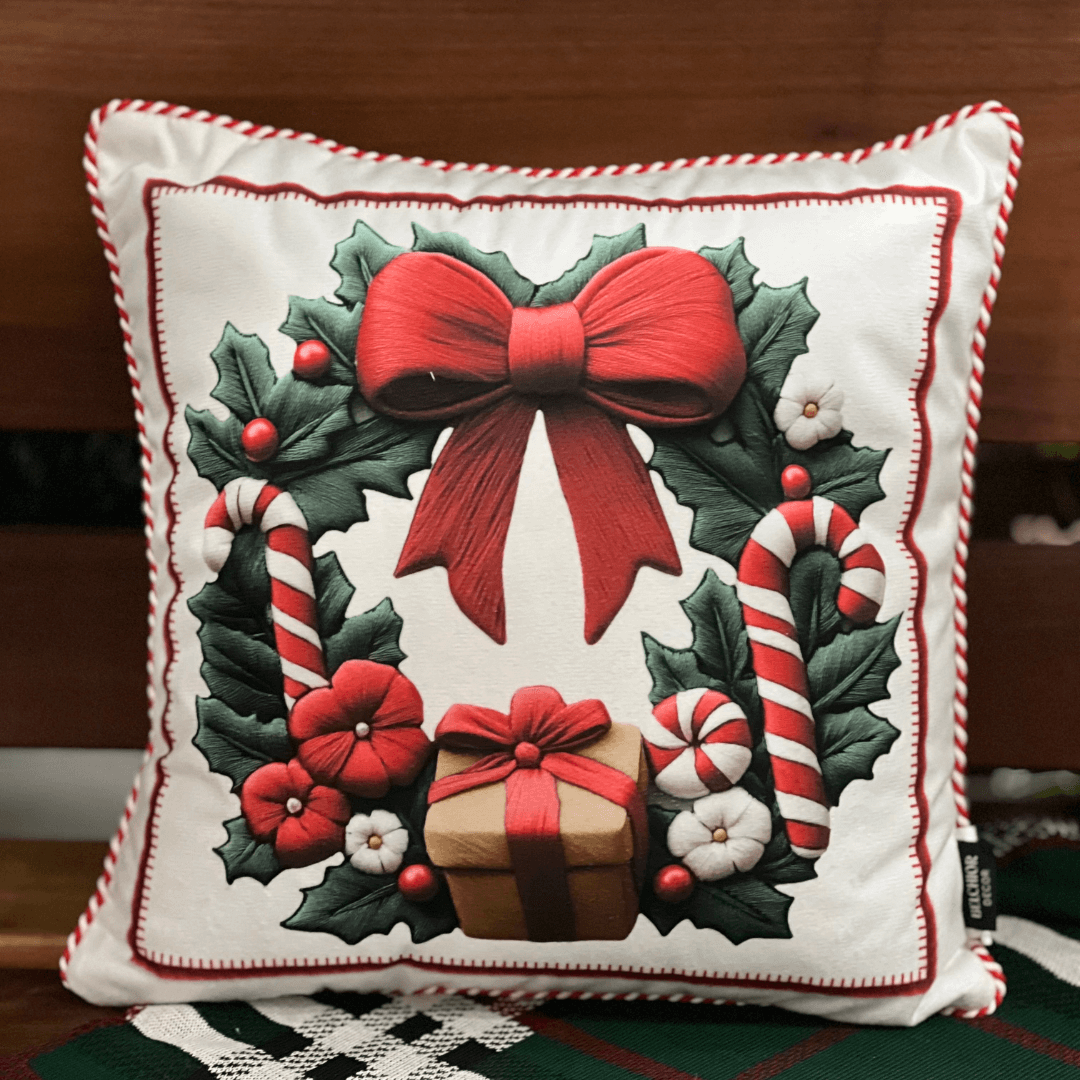 Capa Natalina Estampada Guirlanda Com Cordao 43x43cm