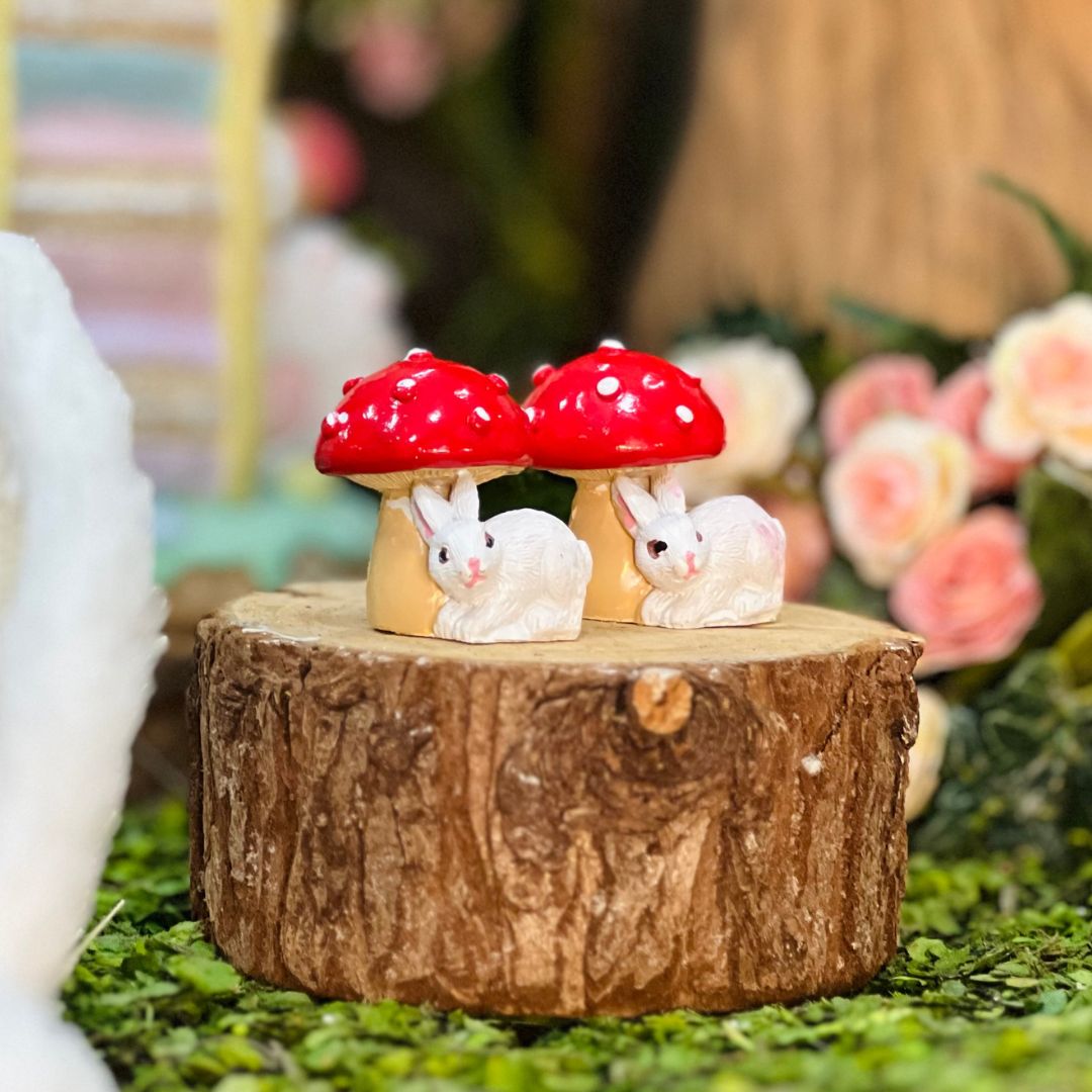 Jogo 2 Peças Cogumelo Decorativo Com Coelho - 4,3x3,5x4cm Vermelho