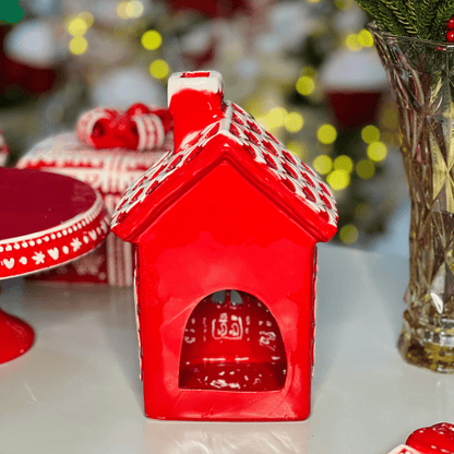 Casa Natalina Vermelho e Branco de Cerâmica 14x10x22cm