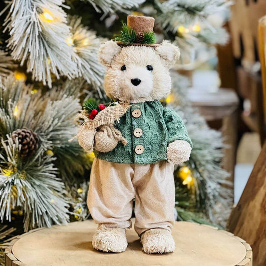 Urso de Natal Em Pe de Sisal Verde e Bege 38x16cm