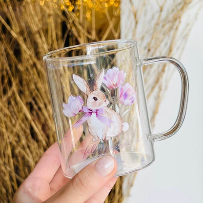 Caneca Vidro Coelho Com Tulipas Rosa - 410ml
