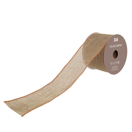 Fita Decorativa Aramada de Tecido com Costura Bege Laranja 6,3cmX9,16m