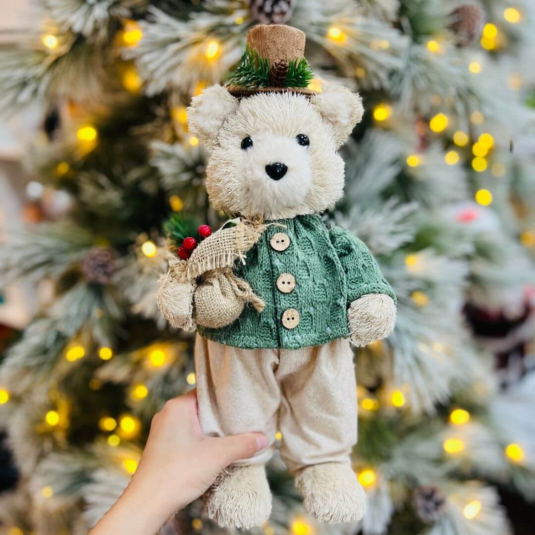 Urso de Natal Em Pe de Sisal Verde e Bege 38x16cm