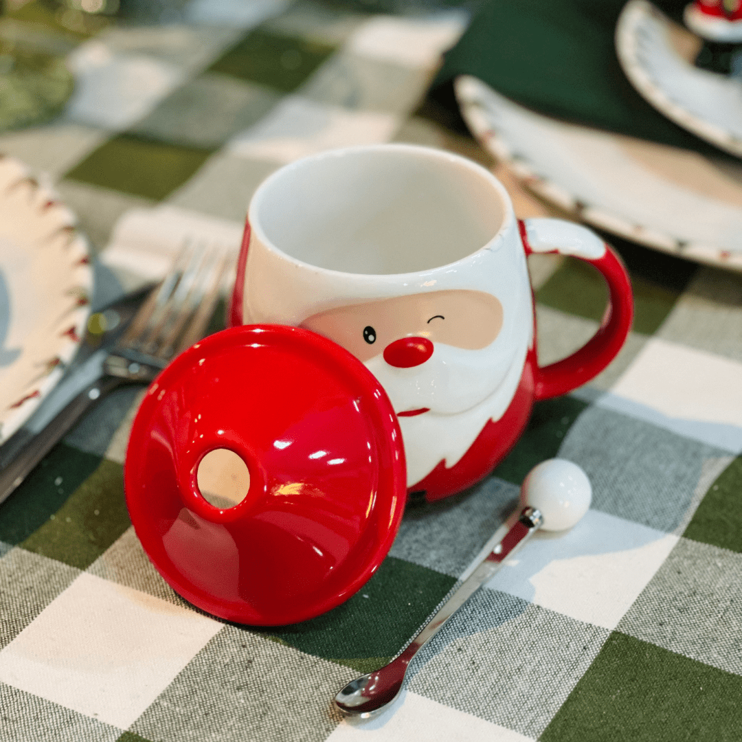 Caneca Papai Noel Com Colher e Tampa de Cerâmica 14cm