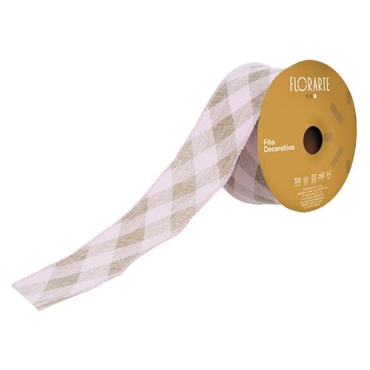 Fita Decorativa Aramada de Tecido com Costura Xadrez Bege Rosa 6,3cmX9,14m