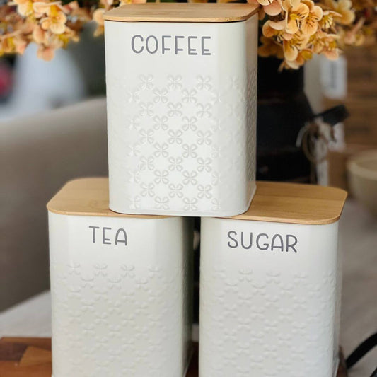 Jogo com 3 Potes Chá, Açúcar e Café - 14cm