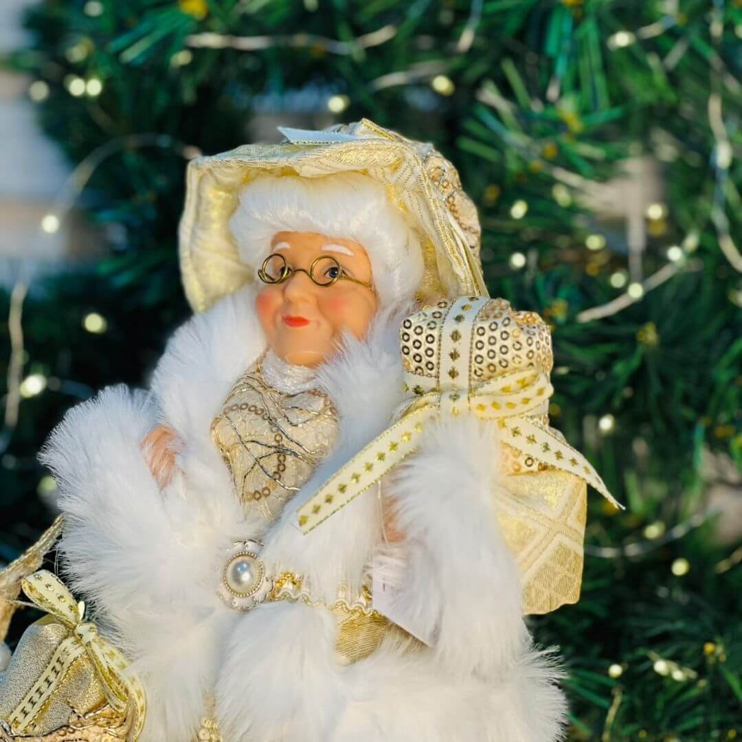 Mamãe Noel de Natal em Pé Champanhe e Dourado – 30cm