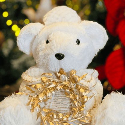 Urso Natalino Com Guirlanda Branco e Dourado de Sisal 25x27cm