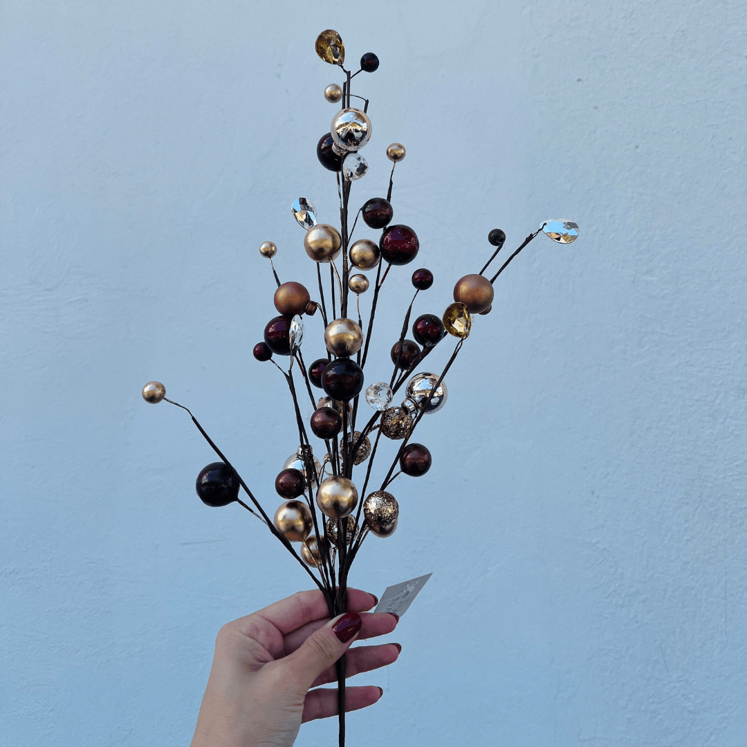 HASTE BOLINHAS MARSALA E CRISTAIS AMBAR - ALT 60 CM
