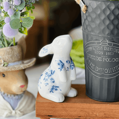 Coelho Florido Branco e Azul de Cerâmica 15cm