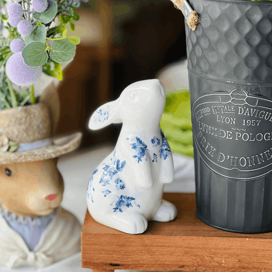 Coelho Florido Branco e Azul de Cerâmica 15cm