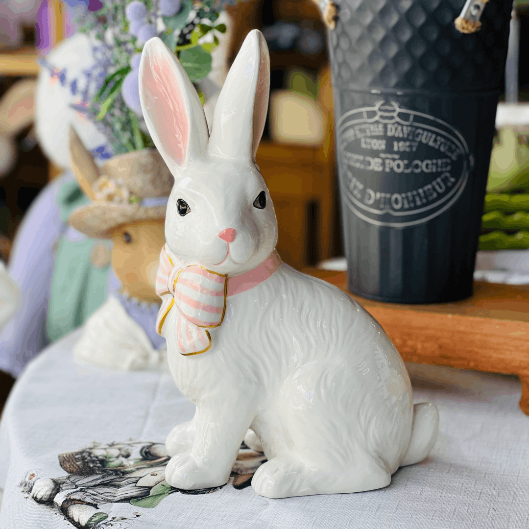 Coelho Com Lacinho Branco e Rosa de Cerâmica 19x13x29cm