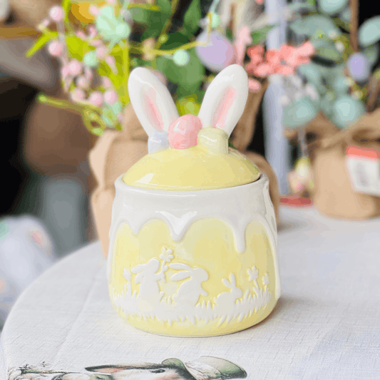 Pote Com Tampa Orelhas de Coelho Amarelo de Cerâmica 20cm