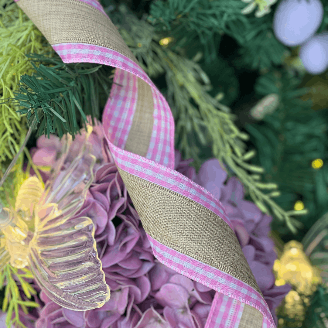 Fita Decorativa Aramada Com Costura Xadrez Rosa e Bege 6,3cm x 9,14m