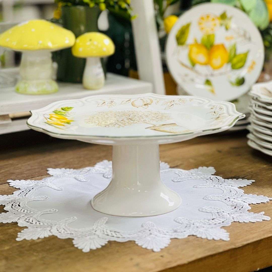 Prato Para Bolo Com Pé Toscana Branco Limão Siciliano - 27cm