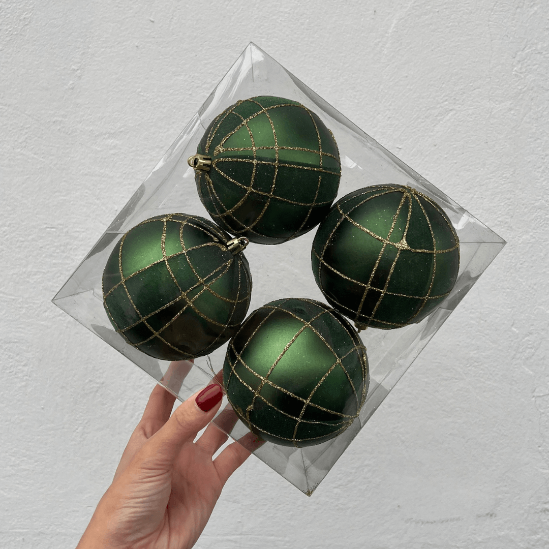 Bola de Natal Listras com Fios e Glitter Verde e Ouro – 10cm | 4 Peças