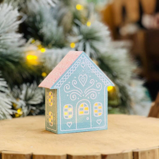Casinha Decorativa Natalina Azul e Rosa Com Led 13x5x12cm