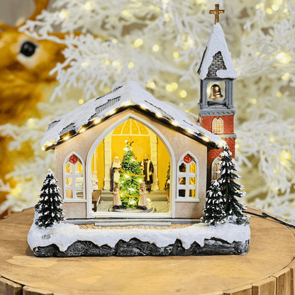 Cenário Natalino Igreja com Movimento e Som de Sino – 34cm
