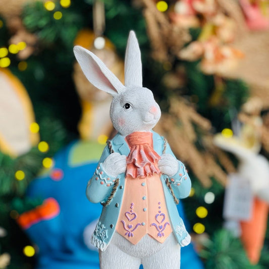Coelho Decorativo Em Pé Com Bolsa de Ovos - 35cm Resina