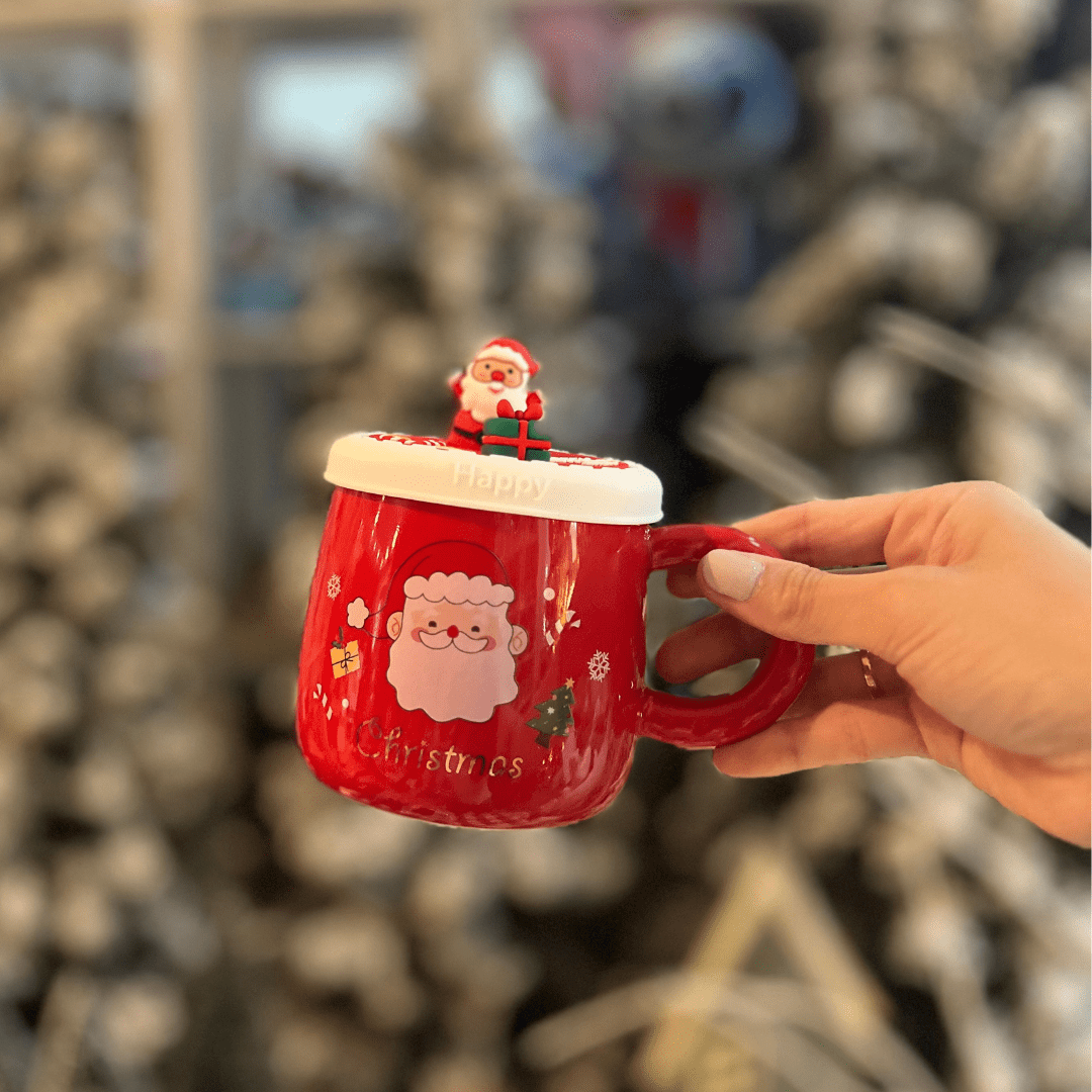 Caneca Papai Noel Com Tampa Vermelha 400ml 12cm