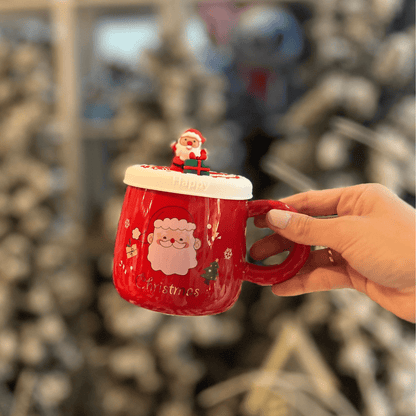 Caneca Papai Noel Com Tampa Vermelha 400ml 12cm